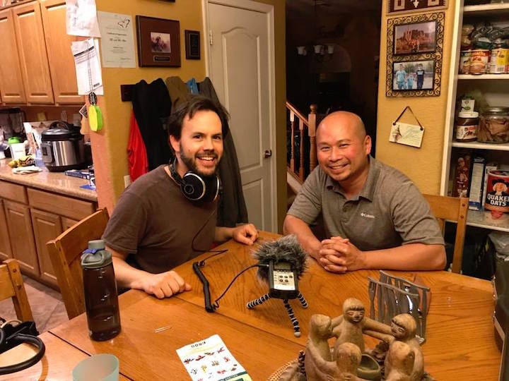 Head shoulders profile picture Yasmin and Rob in Arizona recording at the dining table in the kitchen