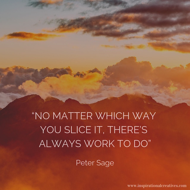 Peter Sage quote on red mountain background with clouds above no matter which way you slice it there's always work to do